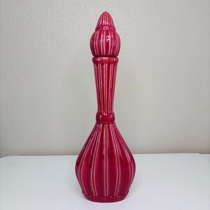 Dark Pink Ceramic Decorative Striped Genie Shaped Bottle, Glossy Finish, 13x4